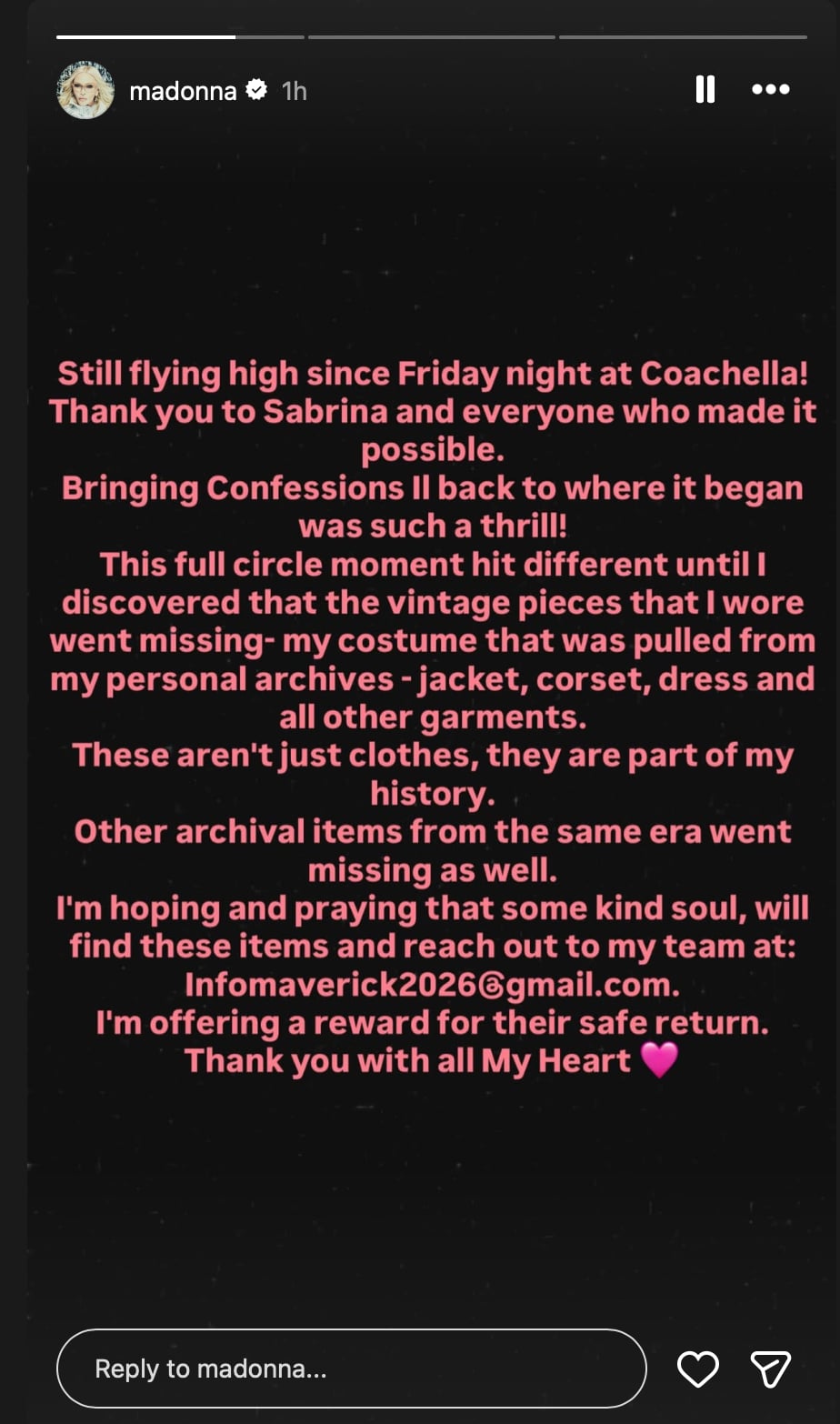 Madonna mất trang phục biểu diễn tại Coachella, treo thưởng tìm lại 'một phần lịch sử' - Ảnh 3.