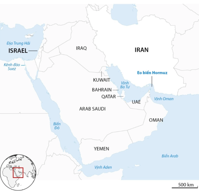Eo biển Hormuz và vùng Vịnh. Đồ họa:Guardian