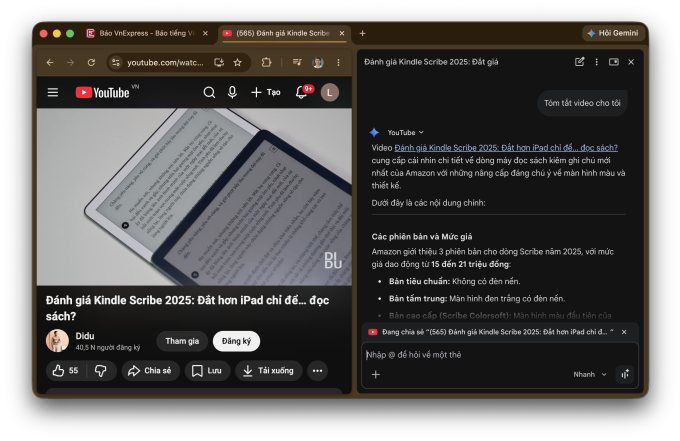 Thử nghiệm dùng Gemini trên Chrome tóm tắt một video YouTube. Ảnh chụp màn hình