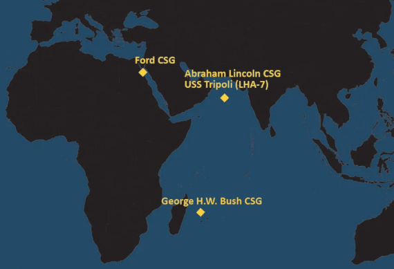 Vị trí ba nhóm tác chiến tàu sân bay Mỹ đang được triển khai đến Trung Đông tính đến ngày 20/4. Đồ họa: USNI News