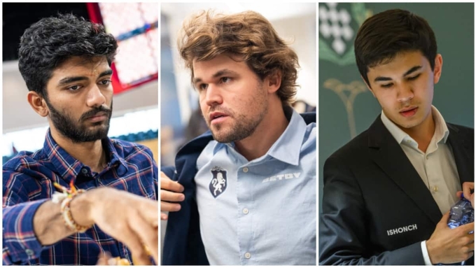 Gukesh, Carlsen và Sindarov (từ trái sang). Ảnh: FirstPost
