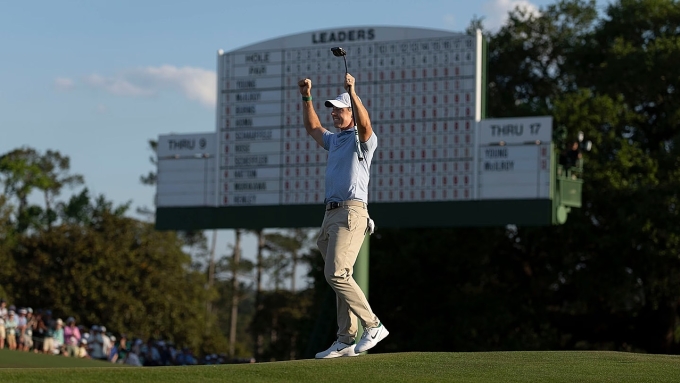 McIlroy ăn mừng trên green hố 18 ở vòng 4 giải Masters 2026. Ảnh: Masters