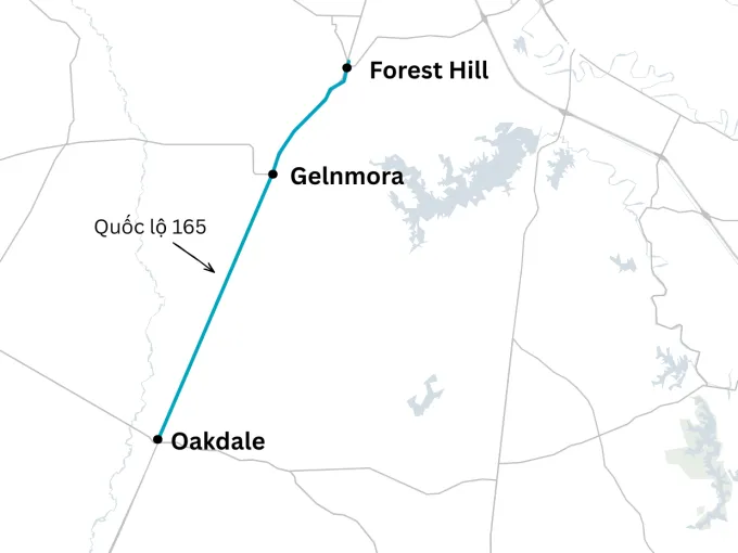 Các vụ bắt giữ xảy ra khắp quốc lộ 165, tuyến đường nối liền Oakdale, thị trấn Glenmora và làng Forest Hill. Đồ hoạ: WSJ