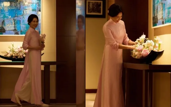 Vẻ trang nhã của Phu nhân Tổng thống Hàn Quốc Lee Jae Myung trong áo dài Việt. Ảnh: K trendy News